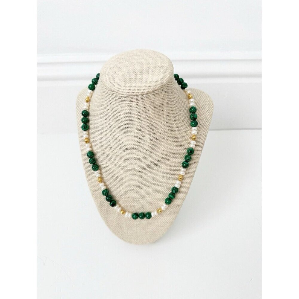 NWT Genuine Malachite & Pearls Necklace Beaded Green White Gold
